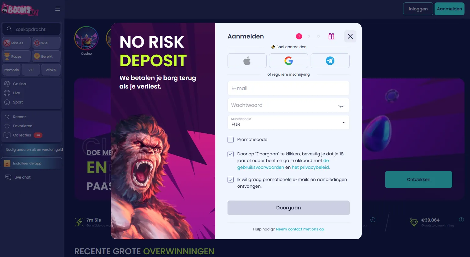 Booms Bet login register